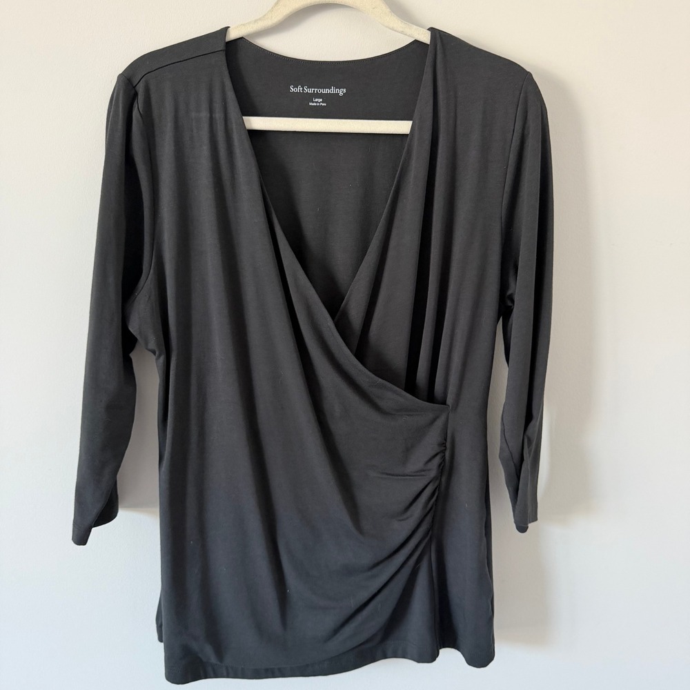 Soft Surroundings Black Faux Wrap Ruched Pima Cotton Modal Top Large